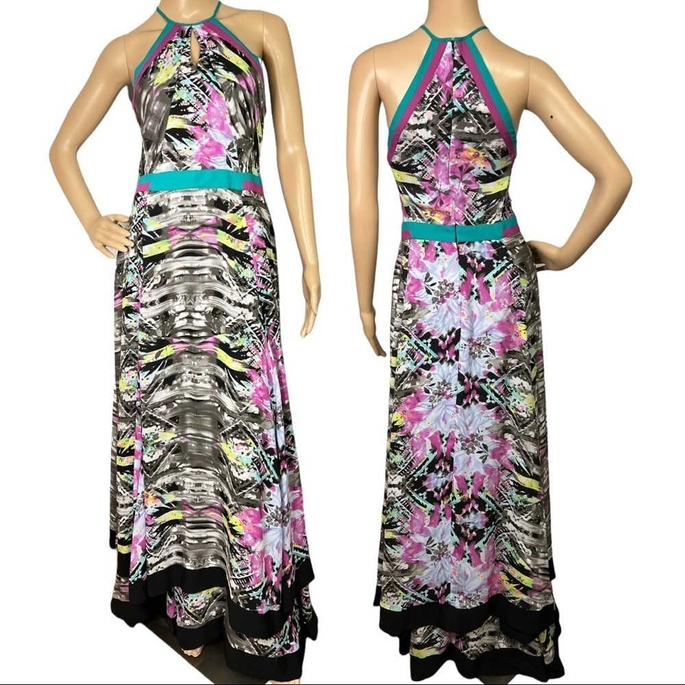 Parker Maxi Aurora Halter Fit‎ and Flare Multicolor Dress Size Small